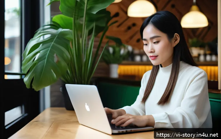 스토리텔러의 고객 니즈 분석법 - A modern Vietnamese woman in her late 20s sitting at a cozy café with a laptop and smartphone, analy...