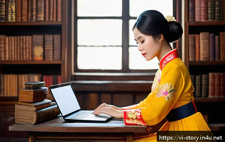 스토리텔러의 창작과 모방 사이 - A Vietnamese storyteller in a traditional Ao Dai dress, sitting thoughtfully at a wooden desk surrou...