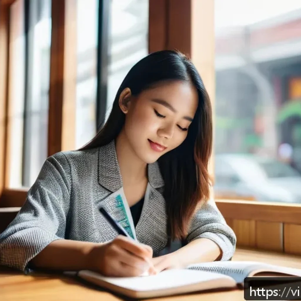 스토리텔러로서의 커리어 전환 성공법 - A young Vietnamese storyteller woman sitting at a cozy wooden desk in a modern café, wearing casual ...