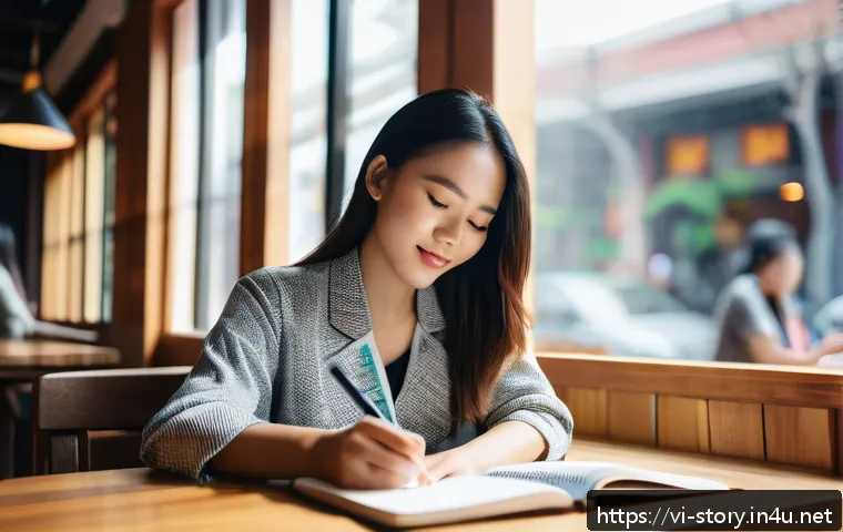스토리텔러로서의 커리어 전환 성공법 - A young Vietnamese storyteller woman sitting at a cozy wooden desk in a modern caf&eacute;, wearing casual ...