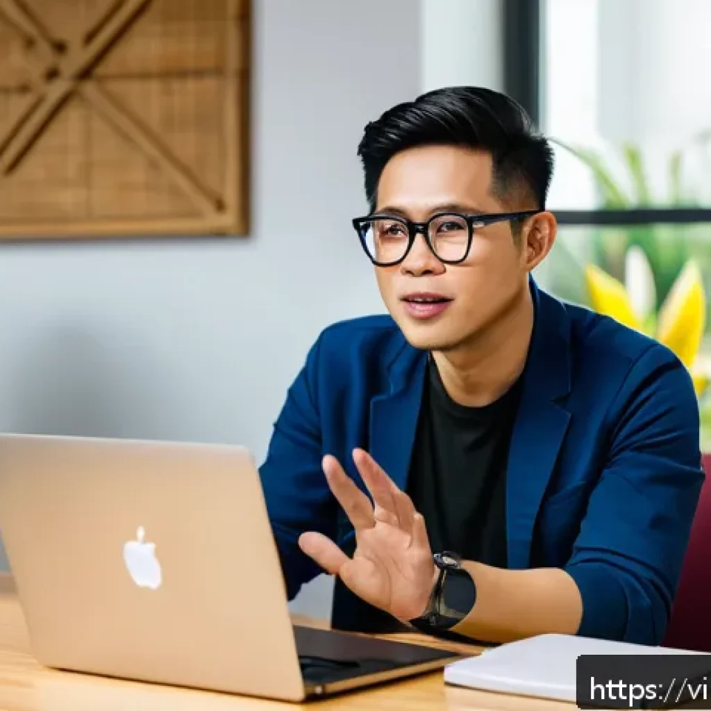 스토리텔러로 이직한 사람들의 후기 - A professional Vietnamese storyteller in a modern coworking space, wearing smart casual clothes and ...