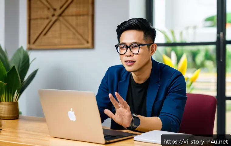 스토리텔러로 이직한 사람들의 후기 - A professional Vietnamese storyteller in a modern coworking space, wearing smart casual clothes and ...