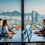 Home 22 스토리텔러 자격증 시험에서 성공하기 위한 전략 - A modern Vietnamese marketing team in a sleek office setting, collaborating around a large digital s...