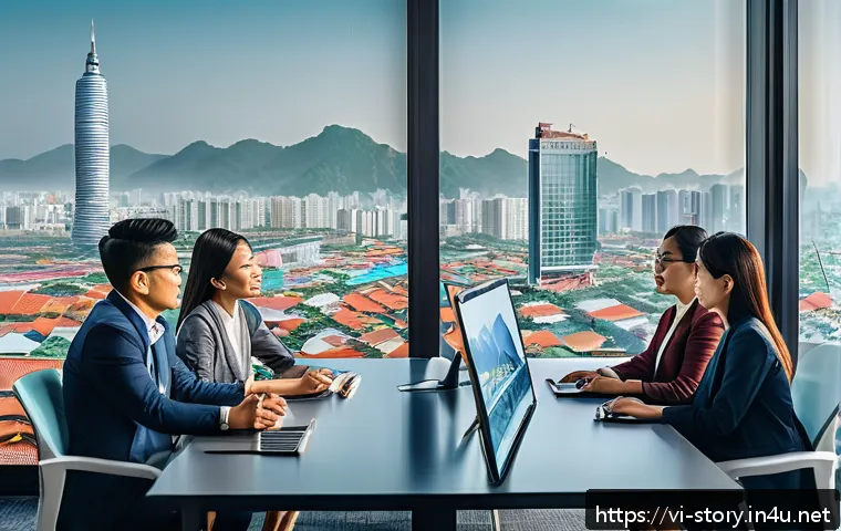 스토리텔러 자격증 시험에서 성공하기 위한 전략 - A modern Vietnamese marketing team in a sleek office setting, collaborating around a large digital s...