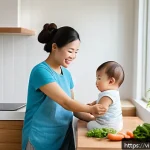 Home 21 스토리텔러 관련 마케팅 케이스 스터디 - A warm and engaging scene of a busy Vietnamese mother in her modest urban home, wearing casual yet n...