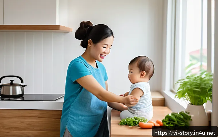 스토리텔러 관련 마케팅 케이스 스터디 - A warm and engaging scene of a busy Vietnamese mother in her modest urban home, wearing casual yet n...