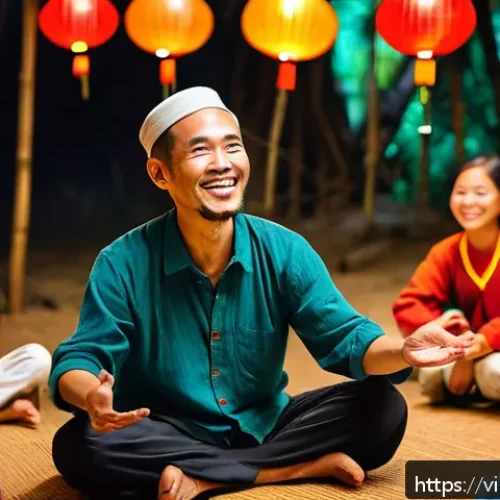 Home 32 스토리텔러가 알아야 할 심리학 기초 - A vibrant scene of a Vietnamese storyteller engaging a diverse group of attentive listeners in a coz...
