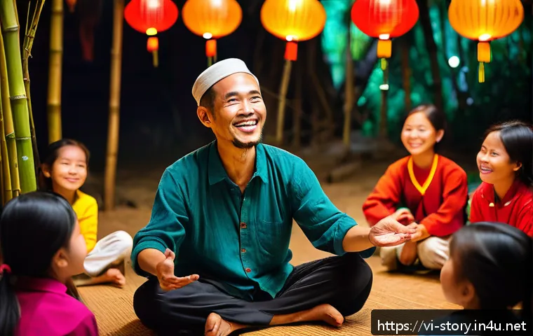스토리텔러가 알아야 할 심리학 기초 - A vibrant scene of a Vietnamese storyteller engaging a diverse group of attentive listeners in a coz...