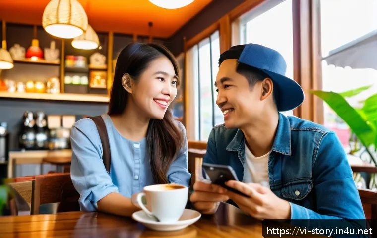 스토리텔러로서 고객과의 협업 성공 사례 - A vibrant Vietnamese coffee shop scene featuring diverse customers happily sharing their authentic e...