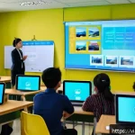 Home 18 스토리텔러 직업의 글로벌 인증 동향 - A professional storytelling workshop scene in a modern Vietnamese classroom, featuring diverse adult...