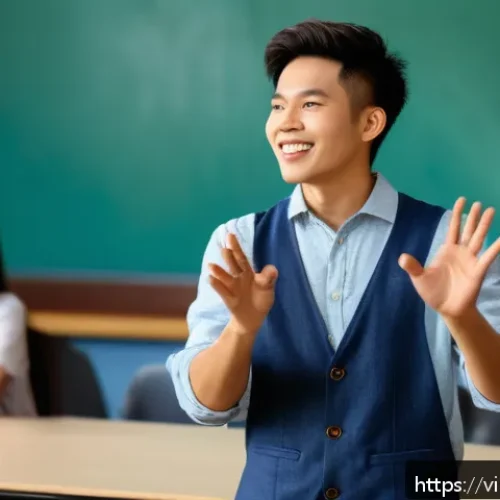 Home 17 스토리텔러 자격증 실기 준비 체크포인트 - A confident Vietnamese young adult storyteller standing on a stage in a modern classroom setting, we...
