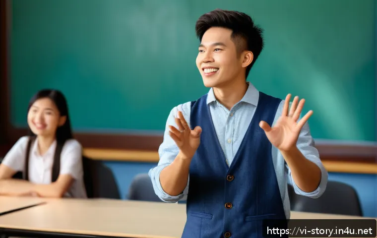 스토리텔러 자격증 실기 준비 체크포인트 - A confident Vietnamese young adult storyteller standing on a stage in a modern classroom setting, we...