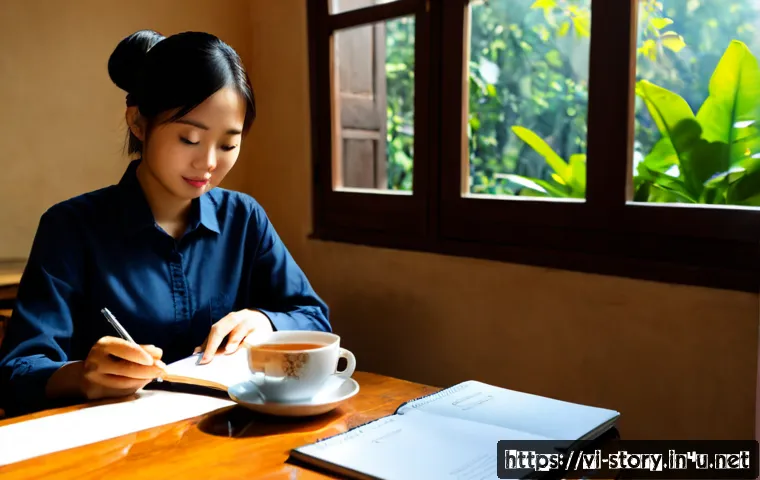 스토리텔러 관련 직업군의 필수 기술 - Photorealistic Vietnamese storyteller at a sunlit wooden desk in a modern Hanoi creative studio, tho...