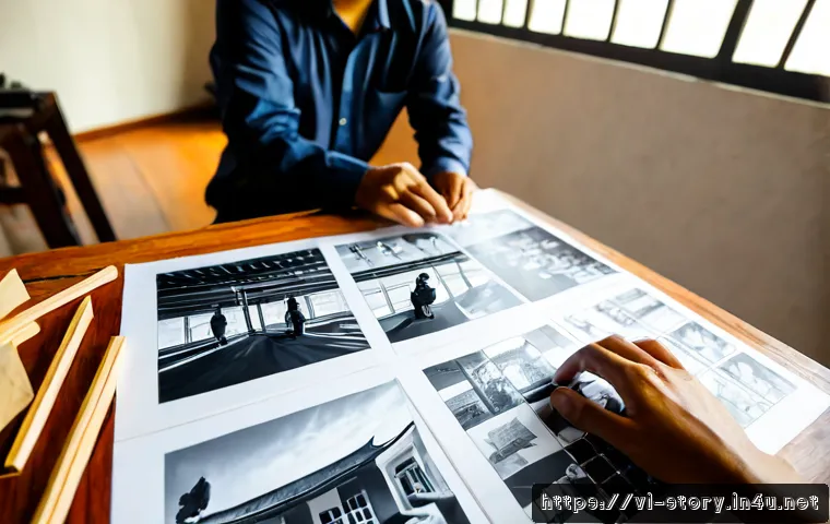 Home 26 스토리텔러와 스토리보드 제작 기법 - Photorealistic Vietnamese storyteller in a bright Hanoi creative studio, arranging hand-drawn storyb...